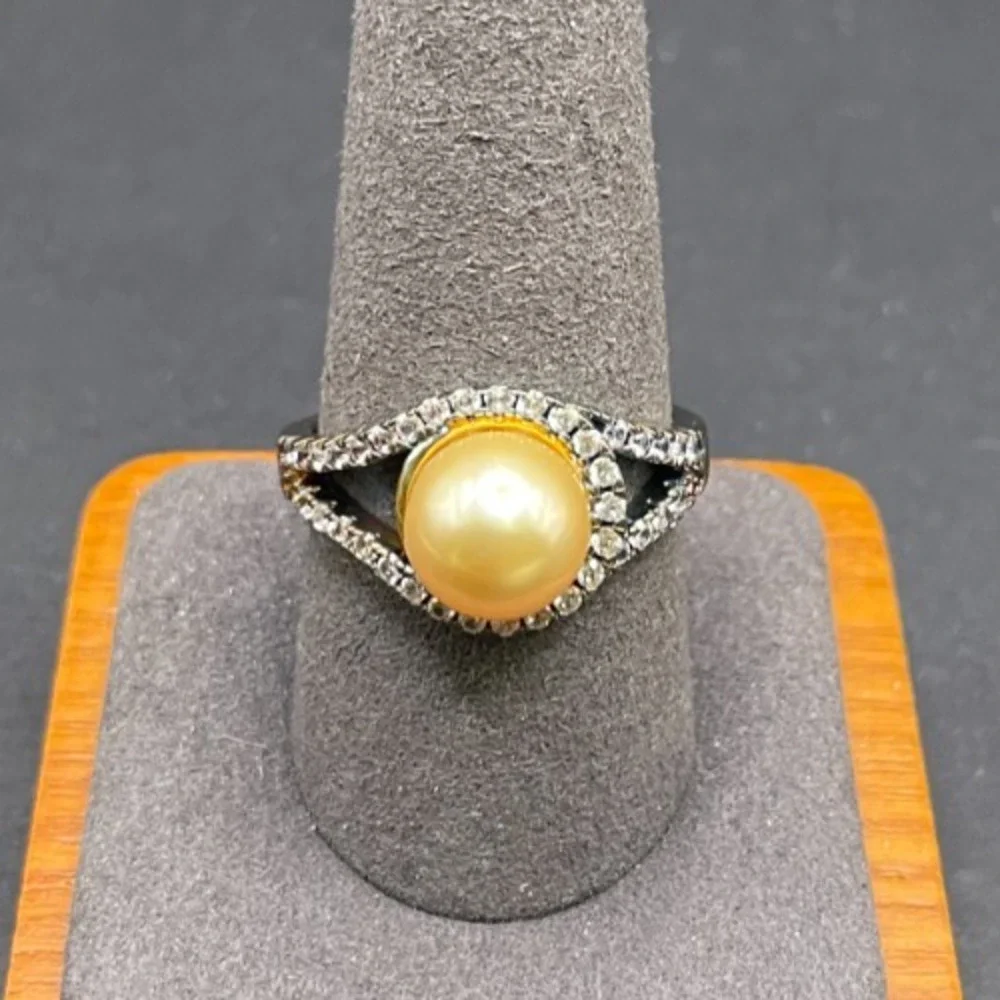 925 Sterling Silver Golden Faux Pearl Ring Split Shank CZ Accents Size 10